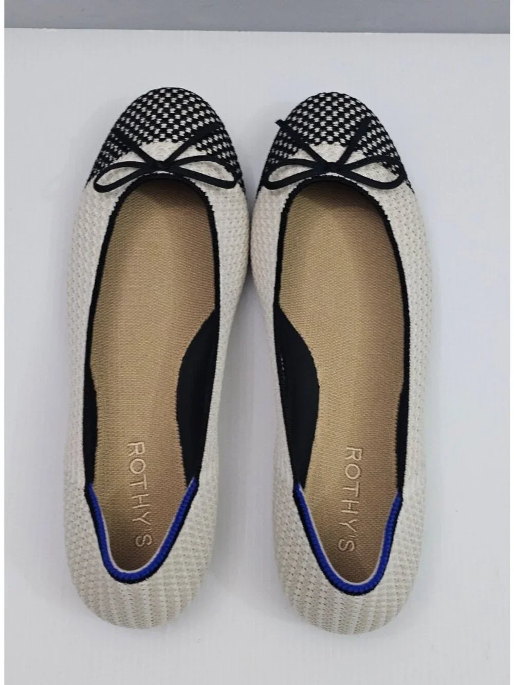 Rothy's The Ballet Flat Coco Cream Black Knit Toe Cap Bow Washable Womens 8.5